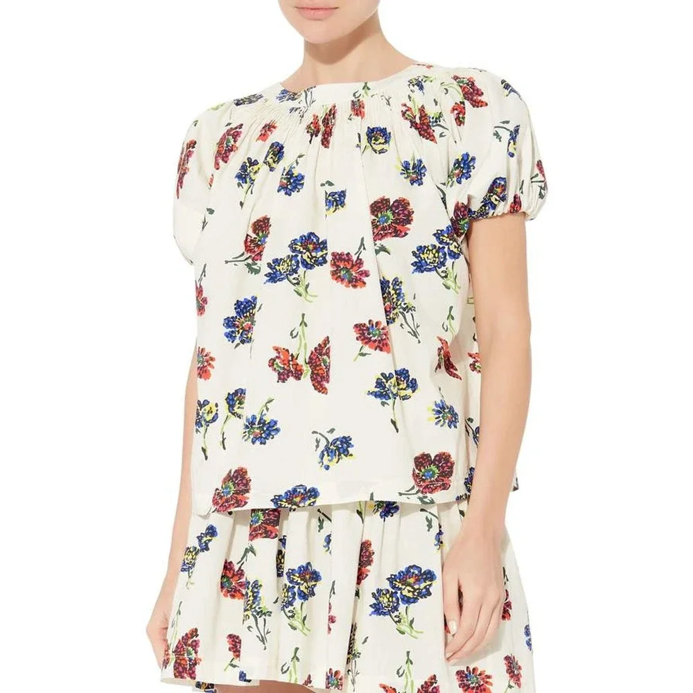Ulla Johnson Celie Floral Print Short Puff Sleeve Top Blouse White Women's 6